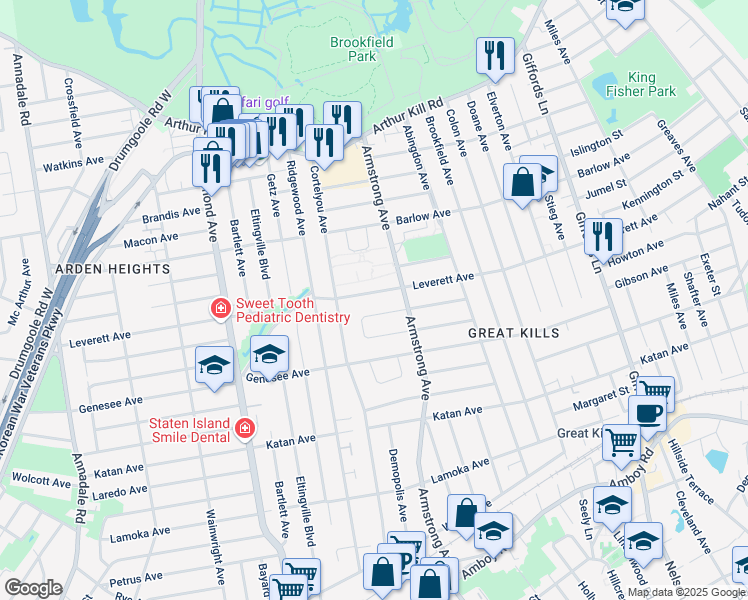 map of restaurants, bars, coffee shops, grocery stores, and more near 522 Leverett Avenue in Staten Island