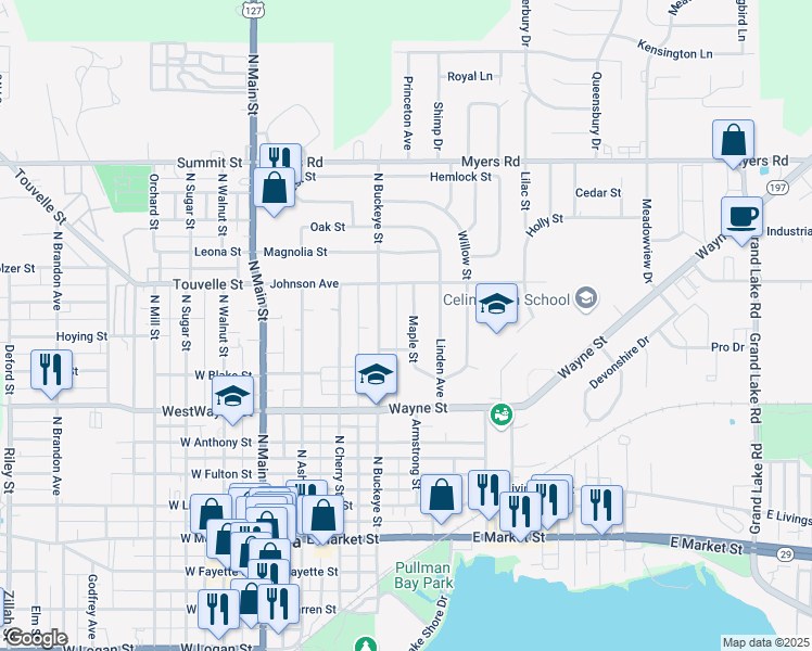 map of restaurants, bars, coffee shops, grocery stores, and more near 623 Maple Street in Celina