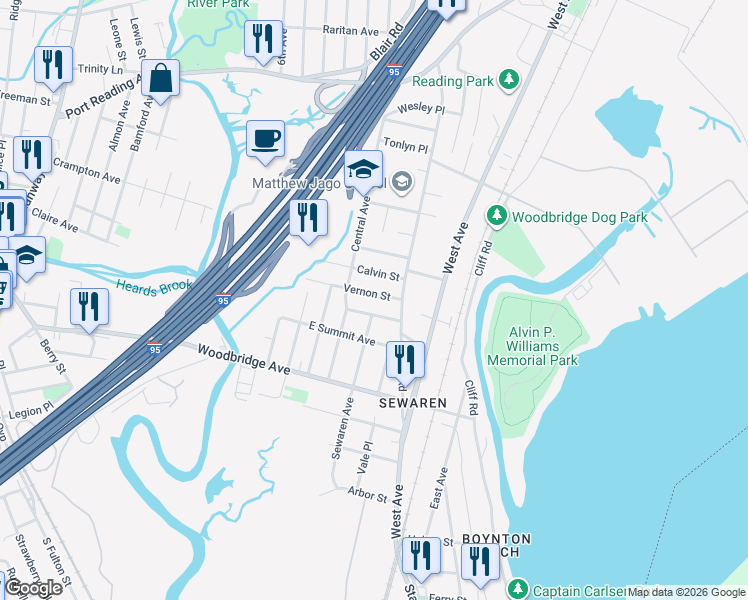 map of restaurants, bars, coffee shops, grocery stores, and more near 28 Vernon Street in Woodbridge Township