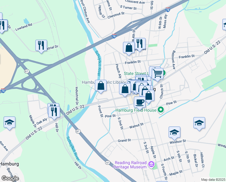 map of restaurants, bars, coffee shops, grocery stores, and more near 27 North 2nd Street in Hamburg