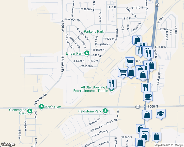 map of restaurants, bars, coffee shops, grocery stores, and more near 183 West 1320 North in Tooele