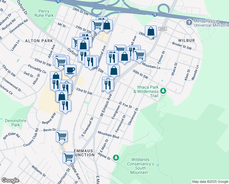 map of restaurants, bars, coffee shops, grocery stores, and more near 940 Buttonwood Street in Emmaus