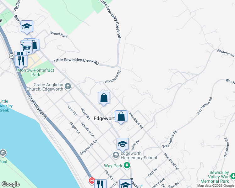 map of restaurants, bars, coffee shops, grocery stores, and more near 428 Woodland Road in Sewickley
