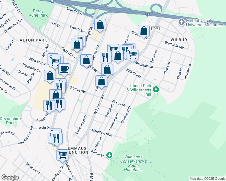 map of restaurants, bars, coffee shops, grocery stores, and more near 940 Buttonwood St in Emmaus