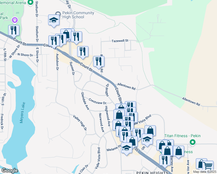 map of restaurants, bars, coffee shops, grocery stores, and more near 1306 Hilltop Dr in Pekin