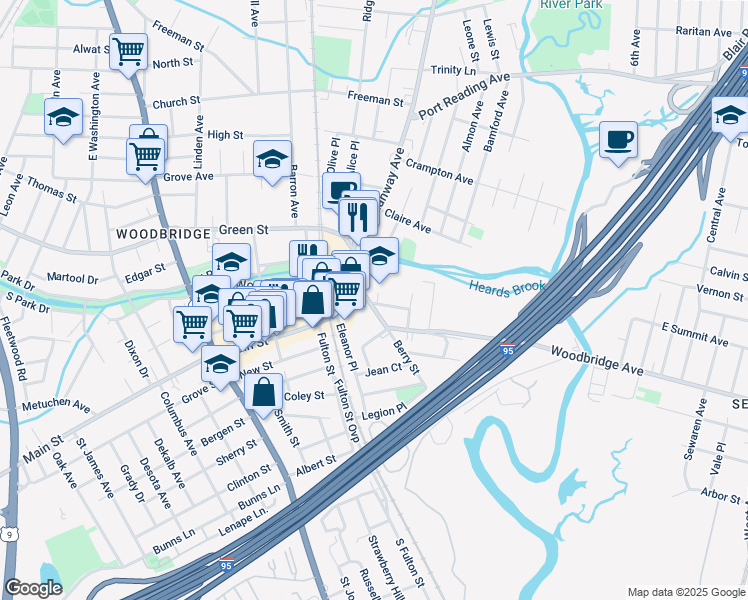 map of restaurants, bars, coffee shops, grocery stores, and more near 404 Berry Street in Woodbridge Township