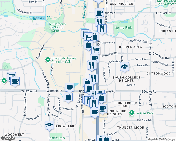 map of restaurants, bars, coffee shops, grocery stores, and more near Mason Trail in Fort Collins