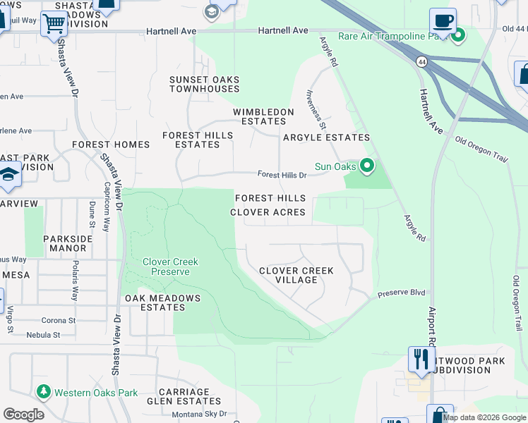 map of restaurants, bars, coffee shops, grocery stores, and more near 3600 Laver Court in Redding