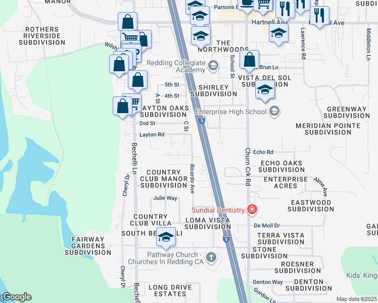 map of restaurants, bars, coffee shops, grocery stores, and more near 3580 Ricardo Avenue in Redding