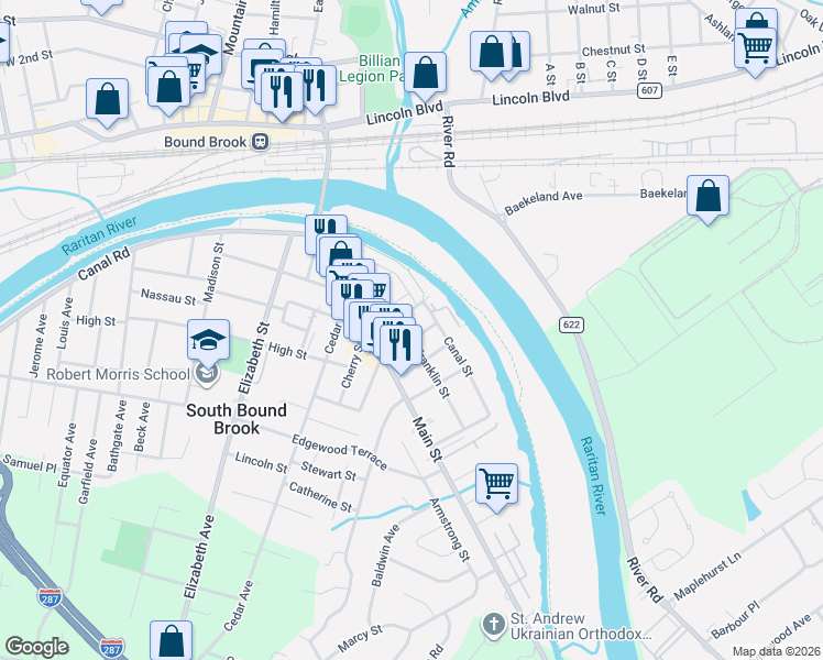map of restaurants, bars, coffee shops, grocery stores, and more near 11 Franklin Street in South Bound Brook