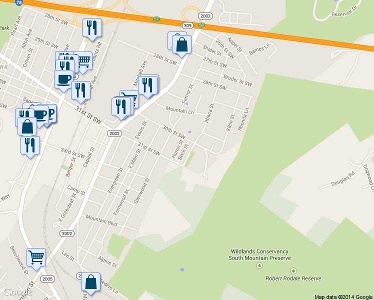 map of restaurants, bars, coffee shops, grocery stores, and more near 3017 Ithaca St in Allentown