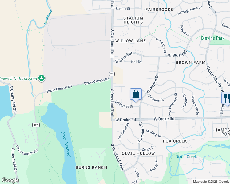 map of restaurants, bars, coffee shops, grocery stores, and more near 2424 South Overland Trail in Fort Collins