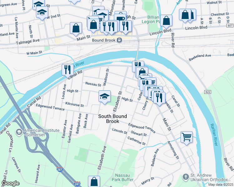 map of restaurants, bars, coffee shops, grocery stores, and more near 56 Elizabeth Street in South Bound Brook