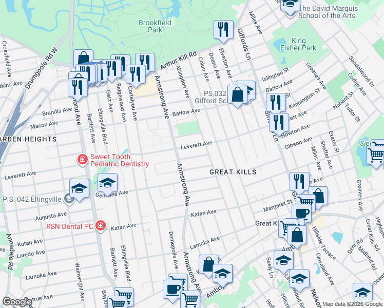 map of restaurants, bars, coffee shops, grocery stores, and more near 45 East Stroud Avenue in Staten Island