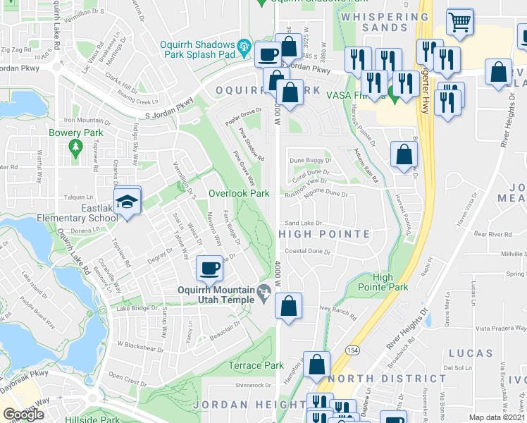 map of restaurants, bars, coffee shops, grocery stores, and more near 10912 Poplar Brook Place in South Jordan