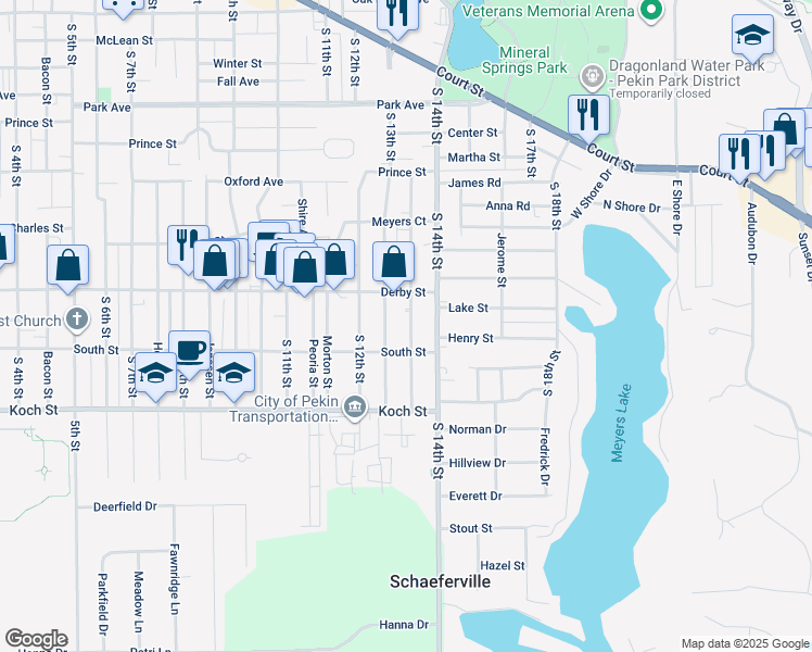 map of restaurants, bars, coffee shops, grocery stores, and more near 1315 Black Street in Pekin