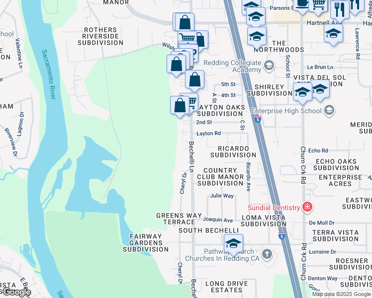 map of restaurants, bars, coffee shops, grocery stores, and more near 3605 Bechelli Lane in Redding
