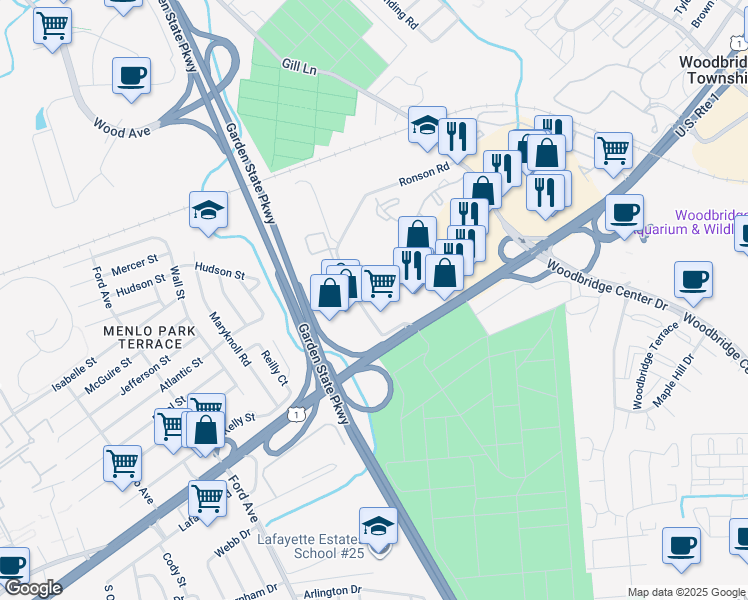map of restaurants, bars, coffee shops, grocery stores, and more near 1 Ronson Road in Woodbridge Township