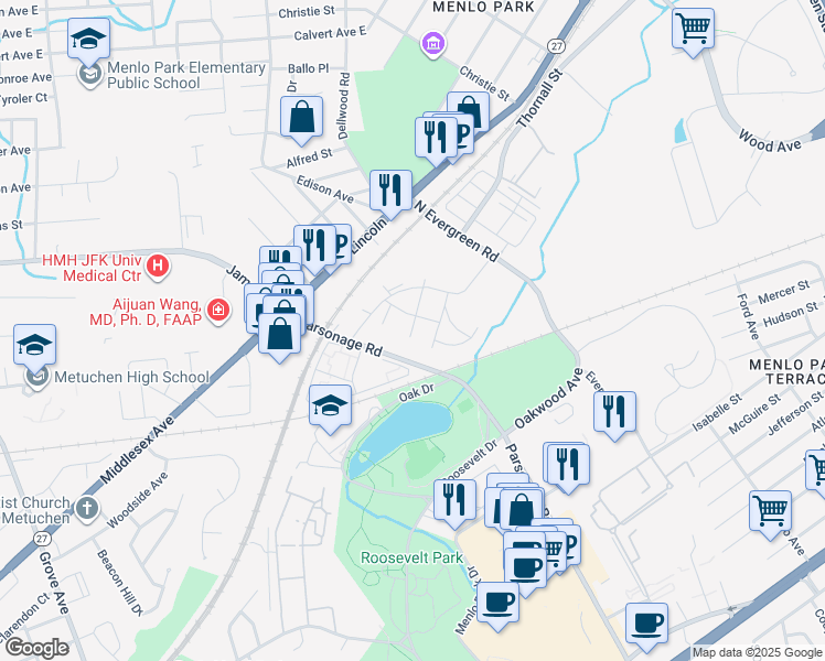 map of restaurants, bars, coffee shops, grocery stores, and more near 190 White Birch Road in Edison