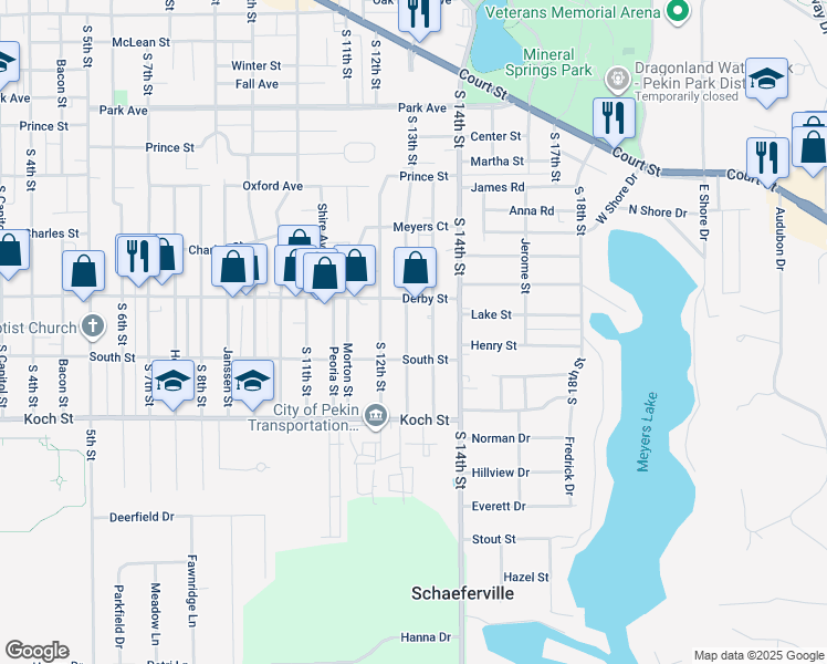 map of restaurants, bars, coffee shops, grocery stores, and more near 1315 Black Street in Pekin