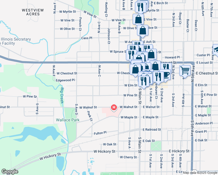 map of restaurants, bars, coffee shops, grocery stores, and more near 214 West Elm Street in Canton