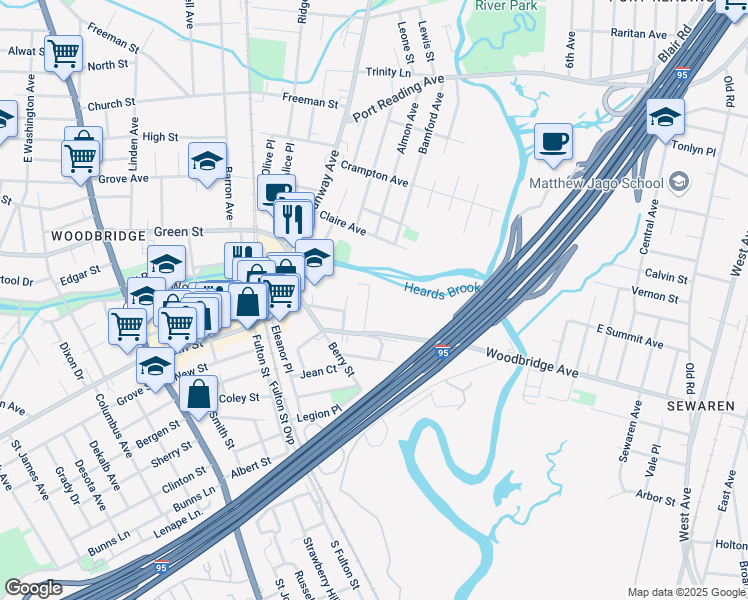 map of restaurants, bars, coffee shops, grocery stores, and more near 122 Harriot Street in Woodbridge Township