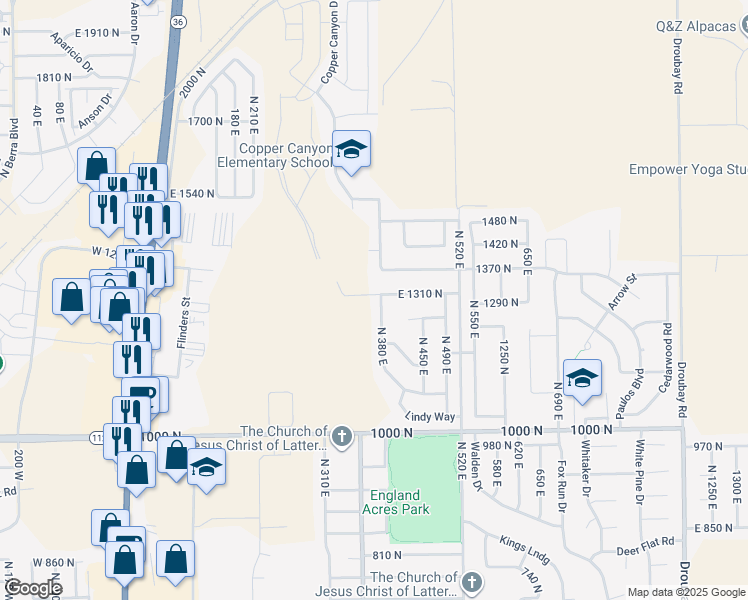 map of restaurants, bars, coffee shops, grocery stores, and more near 1451 North 380 East in Tooele