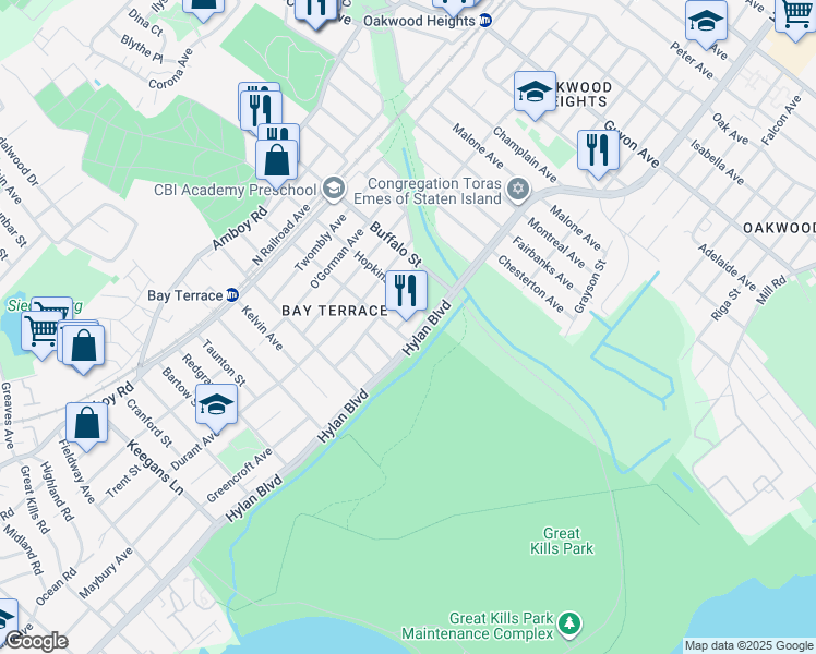 map of restaurants, bars, coffee shops, grocery stores, and more near 3333 Hylan Boulevard in Staten Island
