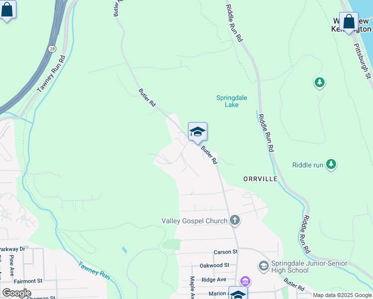 map of restaurants, bars, coffee shops, grocery stores, and more near 582 Shrader Street in Springdale