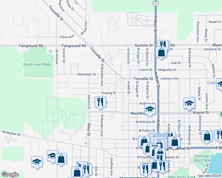 map of restaurants, bars, coffee shops, grocery stores, and more near 515 Hoying Street in Celina