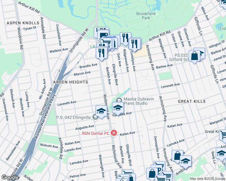 map of restaurants, bars, coffee shops, grocery stores, and more near 301 Bartlett Ave in Staten Island