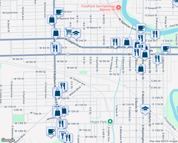 map of restaurants, bars, coffee shops, grocery stores, and more near 610 South D Street in Marion