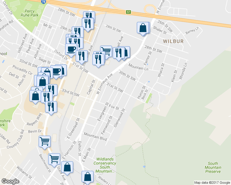 map of restaurants, bars, coffee shops, grocery stores, and more near 948 Evergreen Street in Emmaus