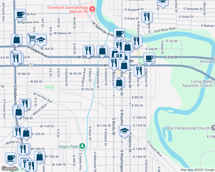 map of restaurants, bars, coffee shops, grocery stores, and more near 615 South Gallatin Street in Marion