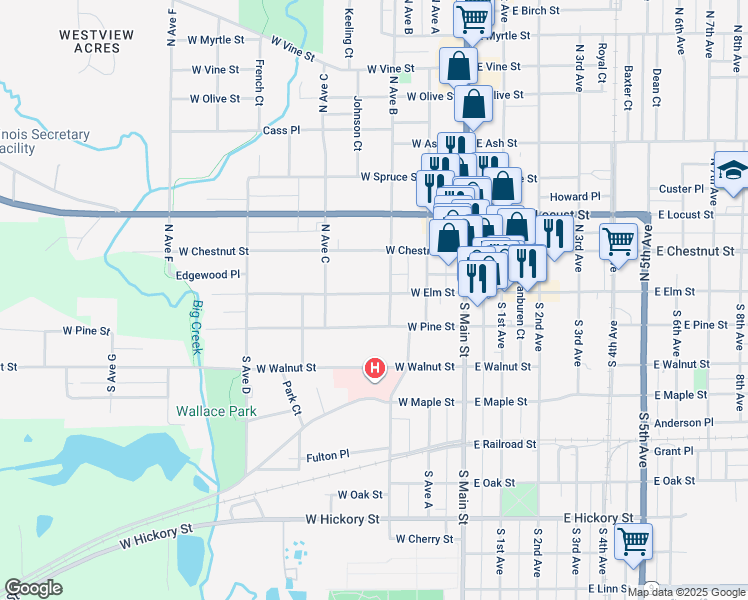 map of restaurants, bars, coffee shops, grocery stores, and more near 214 West Elm Street in Canton