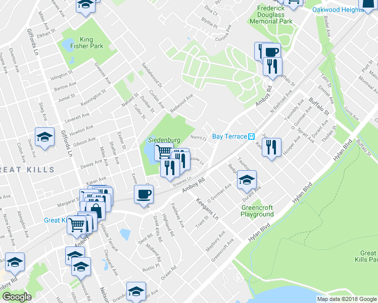 map of restaurants, bars, coffee shops, grocery stores, and more near 53 Meadow Lane in Staten Island