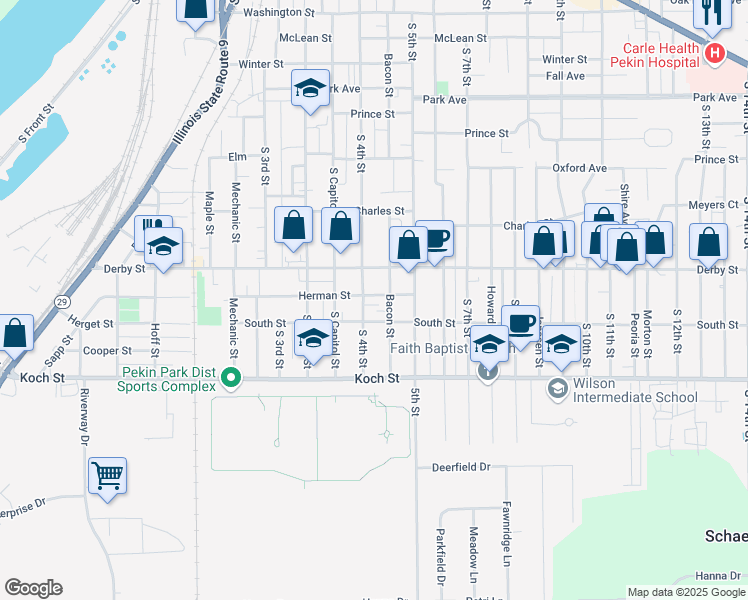 map of restaurants, bars, coffee shops, grocery stores, and more near 400 Herman Street in Pekin
