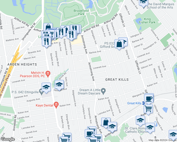 map of restaurants, bars, coffee shops, grocery stores, and more near 462 Leverett Avenue in Staten Island