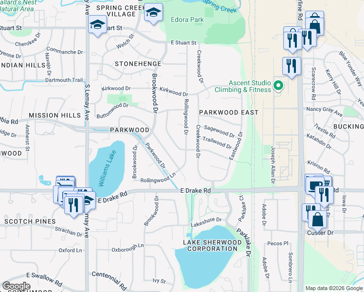 map of restaurants, bars, coffee shops, grocery stores, and more near 2336 Tanglewood Drive in Fort Collins