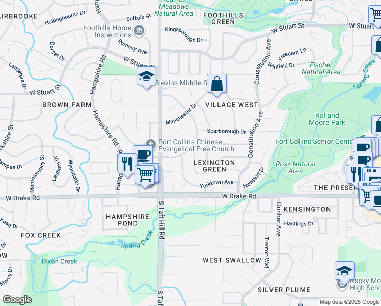 map of restaurants, bars, coffee shops, grocery stores, and more near 1901 Valley Forge Avenue in Fort Collins