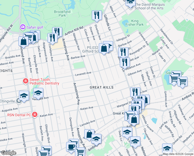 map of restaurants, bars, coffee shops, grocery stores, and more near 173 Brookfield Avenue in Staten Island