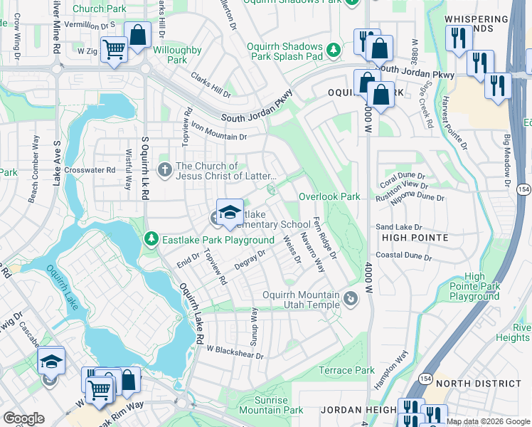 map of restaurants, bars, coffee shops, grocery stores, and more near 10768 Weiss Drive in South Jordan