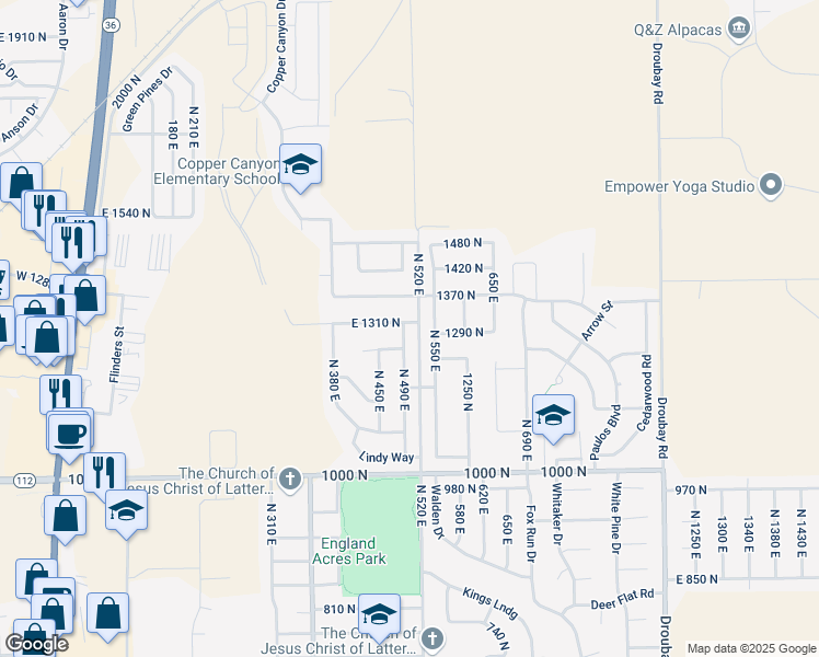 map of restaurants, bars, coffee shops, grocery stores, and more near 1298 North 490 East in Tooele
