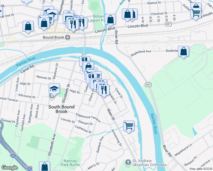 map of restaurants, bars, coffee shops, grocery stores, and more near 9 Franklin Street in South Bound Brook