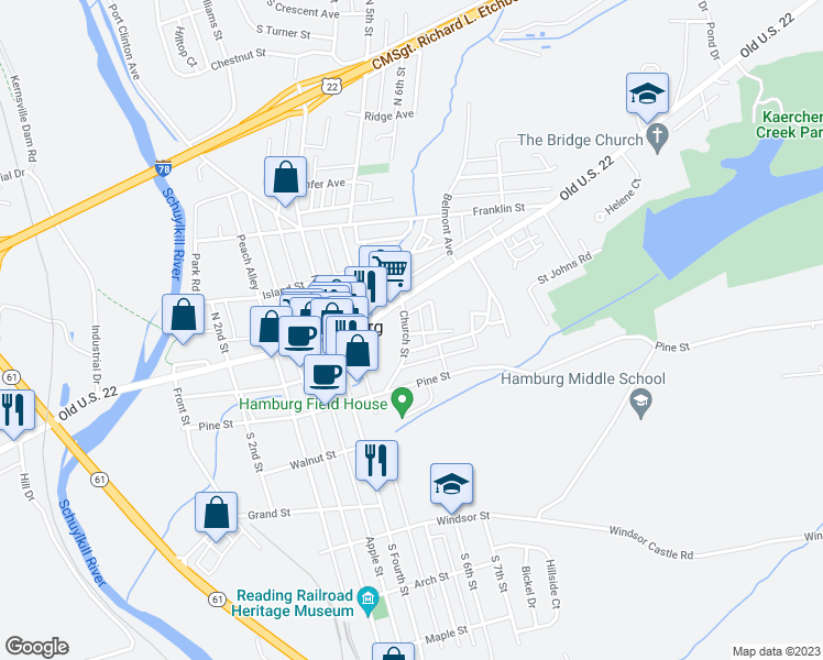 map of restaurants, bars, coffee shops, grocery stores, and more near 37 Church Street in Hamburg