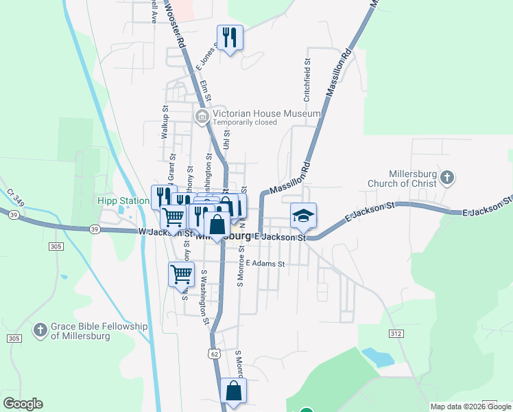 map of restaurants, bars, coffee shops, grocery stores, and more near 112 North Crawford Street in Millersburg