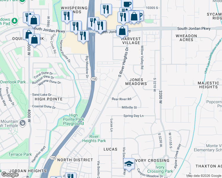 map of restaurants, bars, coffee shops, grocery stores, and more near 10768 River Heights Drive in South Jordan