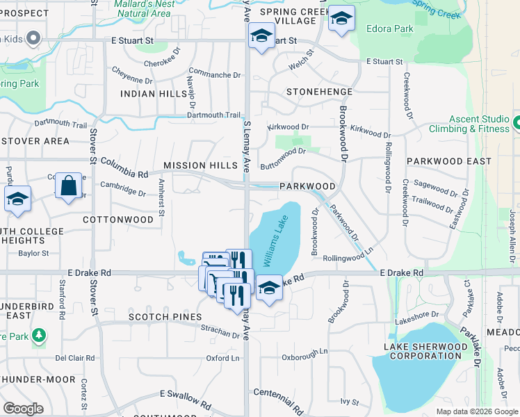 map of restaurants, bars, coffee shops, grocery stores, and more near 1109 Heatherwood Lane in Fort Collins
