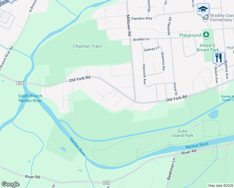 map of restaurants, bars, coffee shops, grocery stores, and more near 263 Old York Road in Bridgewater Township