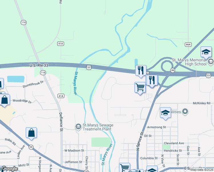 map of restaurants, bars, coffee shops, grocery stores, and more near 356 Miami Erie Circle in Saint Marys